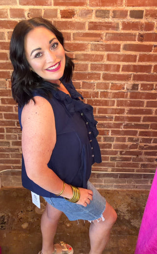 Ruffle Front Sleeveless Top in Navy