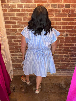 Gingham Flutter Sleeve Dress in Blue