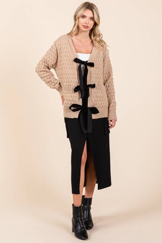 Bubble Knit Cardigan with Ribbon Tie