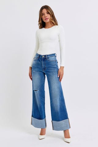 Judy Blue Distressed High Waist Wide Leg Jeans (Online Only)