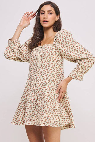 SWEET 3/4 SLEEVE SQUARE NECK FLORAL PRINT MINI DRESS