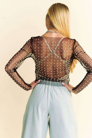 BRILEY BEAD AND PEARL EMBELLISHED LONG SLEEVES MESH TOP