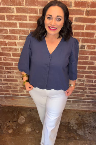 Navy Scallop Button Down Top