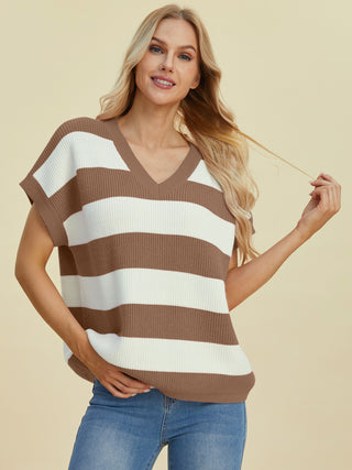 Sasha Striped V-Neck Short Sleeve Sweater