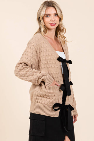 Bubble Knit Cardigan with Ribbon Tie