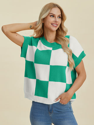 Checkered Round Neck Short Sleeve Sweater