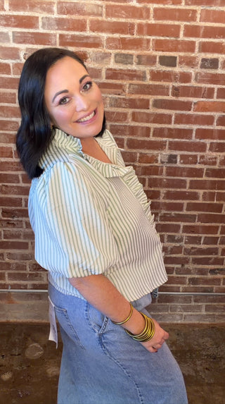 STRIPED RUFFLED BUTTON DOWN TOP