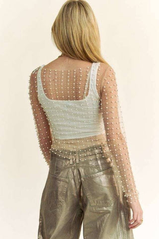 BRILEY BEAD AND PEARL EMBELLISHED LONG SLEEVES MESH TOP