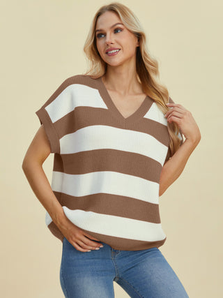 Sasha Striped V-Neck Short Sleeve Sweater