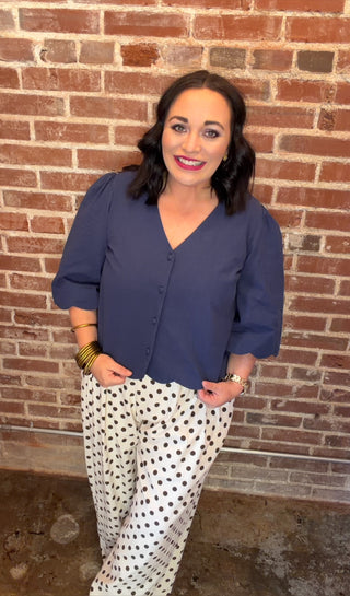 Navy Scallop Button Down Top