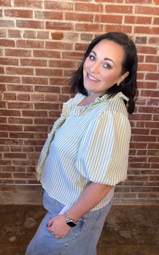 STRIPED RUFFLED BUTTON DOWN TOP