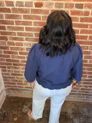 Navy Scallop Button Down Top