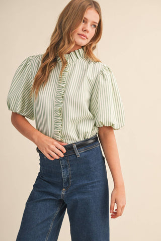 STRIPED RUFFLED BUTTON DOWN TOP