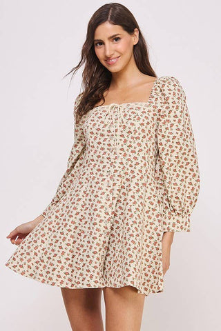 SWEET 3/4 SLEEVE SQUARE NECK FLORAL PRINT MINI DRESS