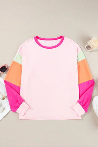 Cassidee Color Block Round Neck Long Sleeve Top