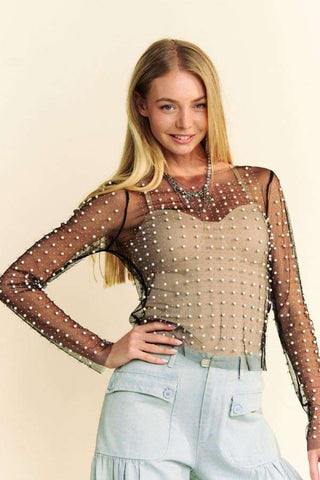 BRILEY BEAD AND PEARL EMBELLISHED LONG SLEEVES MESH TOP