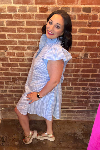 Gingham Flutter Sleeve Dress in Blue