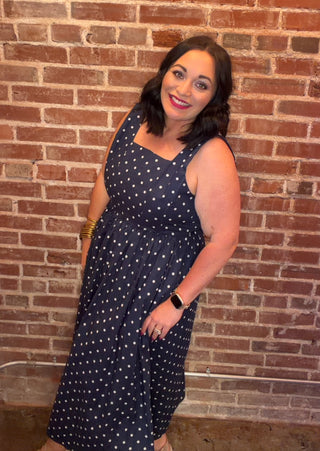 Polka Dot Midi Dress in Navy