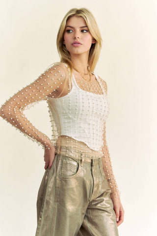 BRILEY BEAD AND PEARL EMBELLISHED LONG SLEEVES MESH TOP