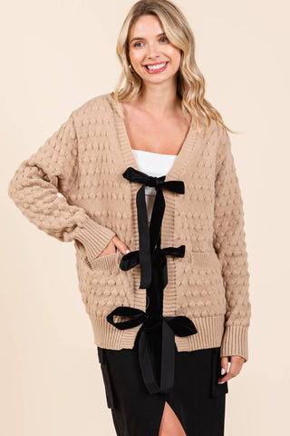 Bubble Knit Cardigan with Ribbon Tie