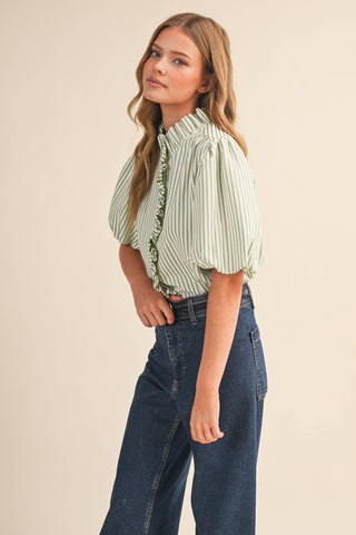 STRIPED RUFFLED BUTTON DOWN TOP