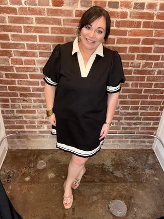 Frill Contrast Trim Johnny Collar Short Sleeve Mini Dress (ONLINE ONLY)
