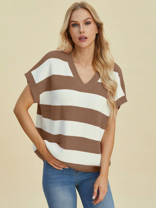 Sasha Striped V-Neck Short Sleeve Sweater