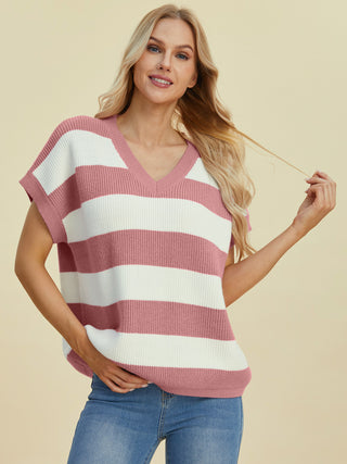 Sasha Striped V-Neck Short Sleeve Sweater