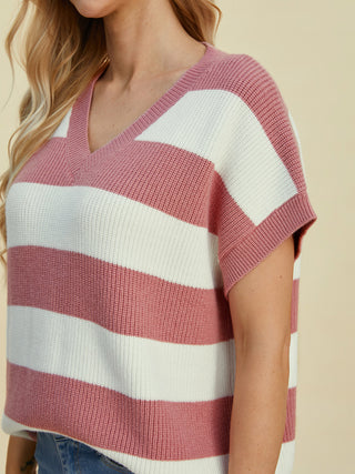 Sasha Striped V-Neck Short Sleeve Sweater