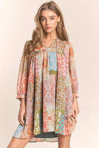 Mallory Multi Print Long Sleeve Chiffon Dress