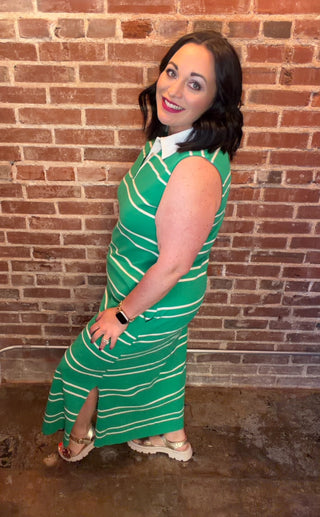 Striped Polo Midi Dress in Green