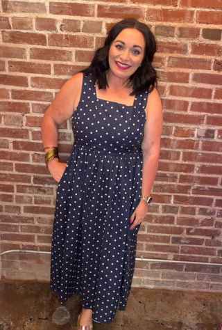 Polka Dot Midi Dress in Navy