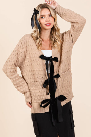 Bubble Knit Cardigan with Ribbon Tie