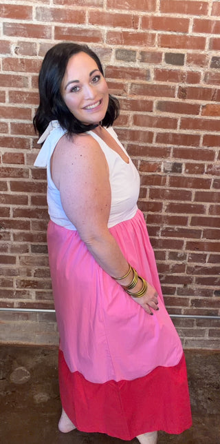 SCALLOPED COLOR BLOCK MIDI DRESS