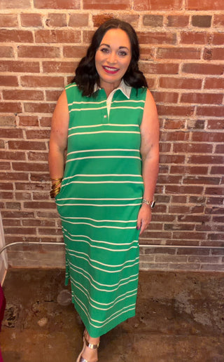 Striped Polo Midi Dress in Green