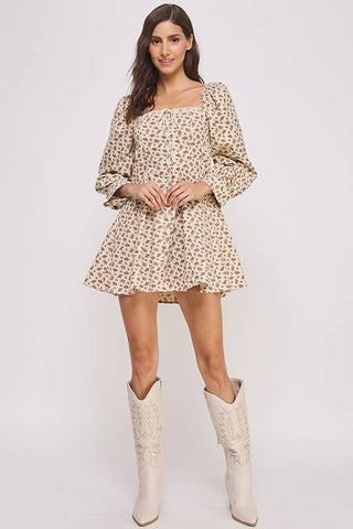 SWEET 3/4 SLEEVE SQUARE NECK FLORAL PRINT MINI DRESS