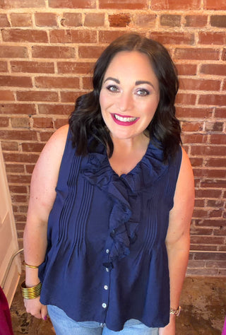 Ruffle Front Sleeveless Top in Navy