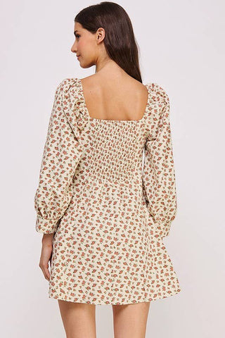 SWEET 3/4 SLEEVE SQUARE NECK FLORAL PRINT MINI DRESS