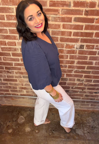 Navy Scallop Button Down Top