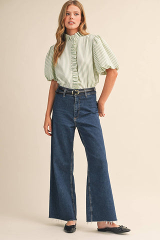 STRIPED RUFFLED BUTTON DOWN TOP