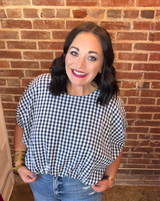 Gingham Dolman Sleeve Top in Navy