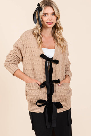 Bubble Knit Cardigan with Ribbon Tie