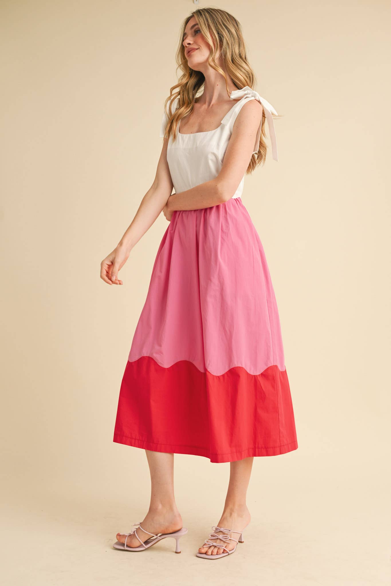 color block midi dress SCALLOPED COLOR BLOCK MIDI DRESS PINK COMBO / M