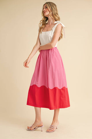 SCALLOPED COLOR BLOCK MIDI DRESS