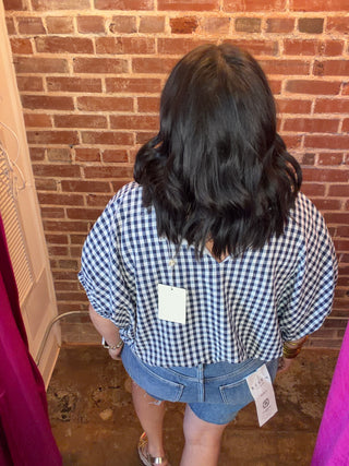 Gingham Dolman Sleeve Top in Navy