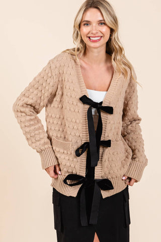 Bubble Knit Cardigan with Ribbon Tie