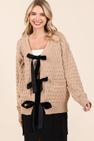 Bubble Knit Cardigan with Ribbon Tie