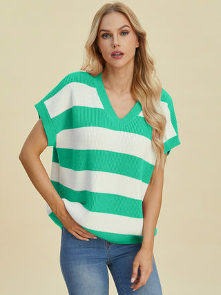 Sasha Striped V-Neck Short Sleeve Sweater