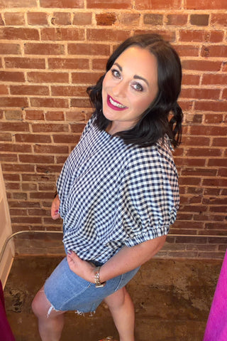 Gingham Dolman Sleeve Top in Navy