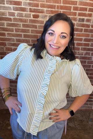 STRIPED RUFFLED BUTTON DOWN TOP
